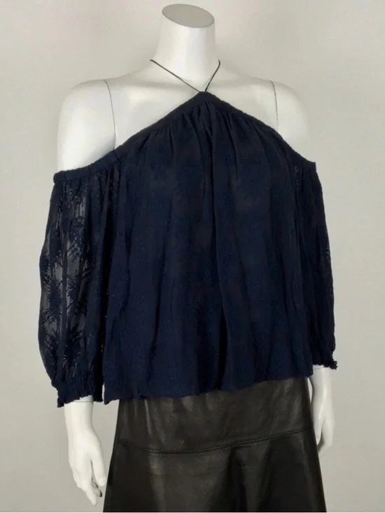 Rebecca Taylor is 100% Silk Navy Off-Shoulder Long sleeve Lace Blouse Size 2 - Picture 1 of 6